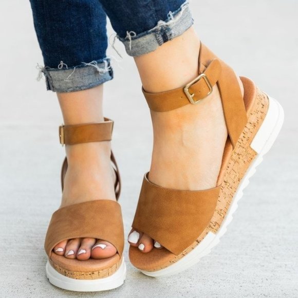 Shoes - Tan Rubber Sole Cork Flatform Sandals